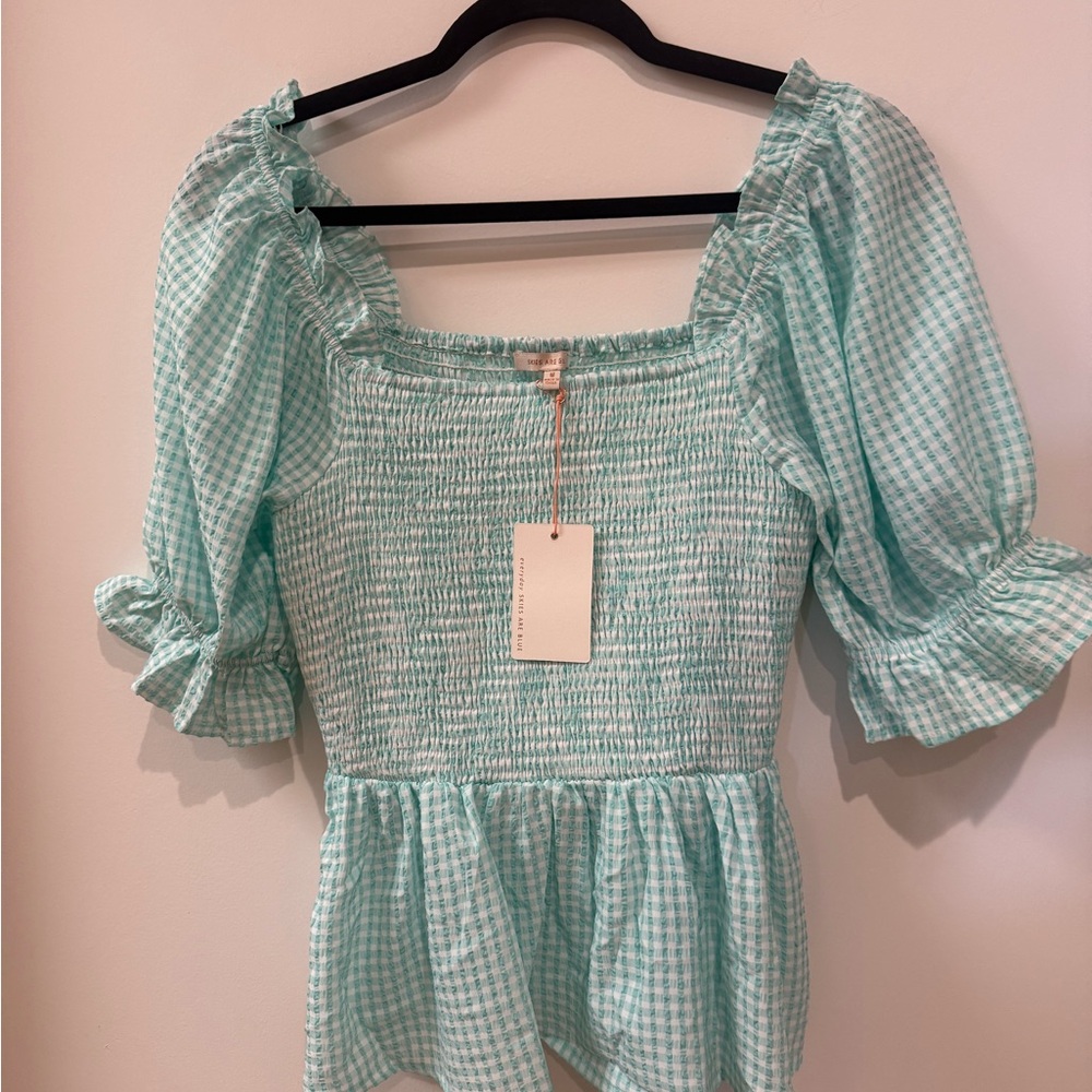 Skies Are Blue Light Green Gingham Blouse